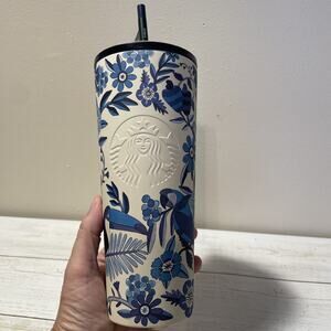 Farm Rio + Starbucks Lenco Azulejo Blue White Stainless Cold Tumbler 24 oz New